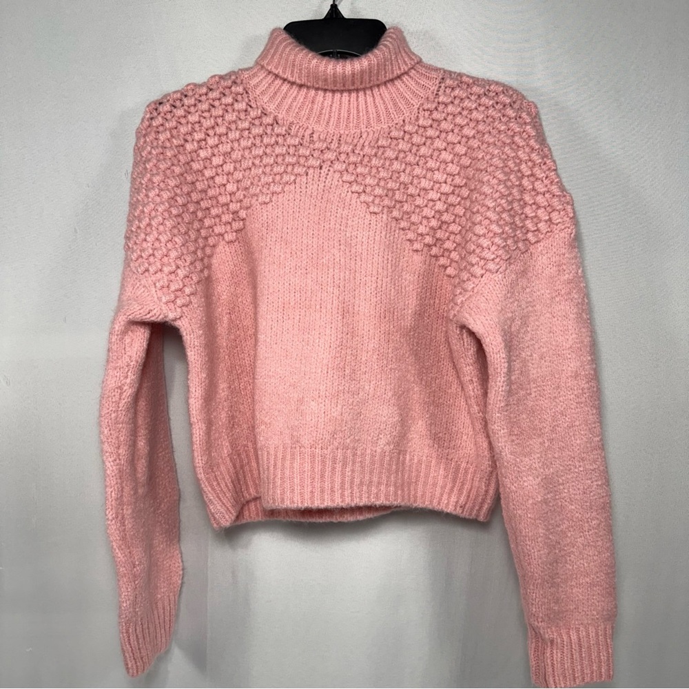 Bobble Knit Cropped Free People Blush Pink Turtleneck Sweater Size S Small - Picture 2 of 9